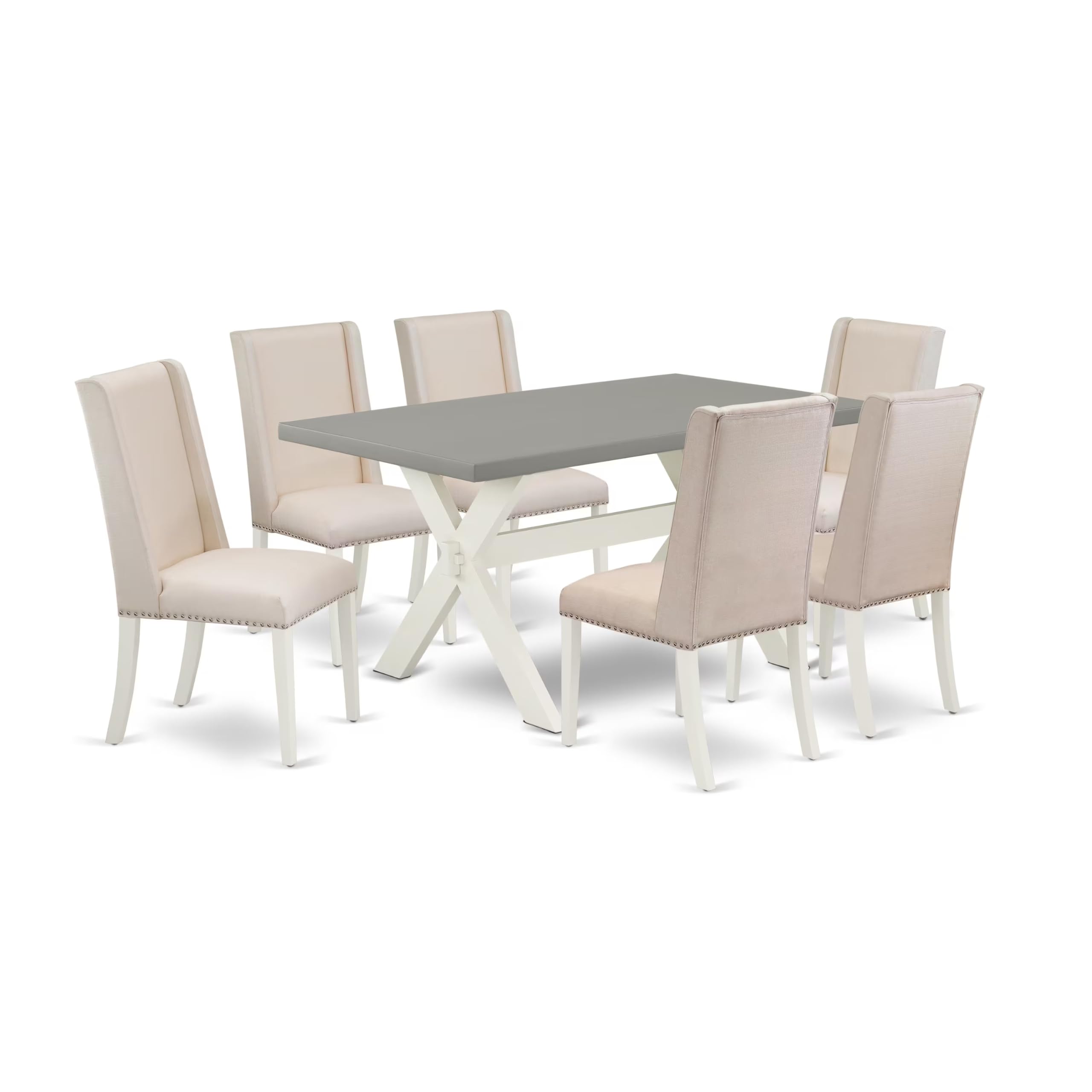 East West Furniture X096Fl201-7 7 Piece Modern Dining Table Set Consist Of A Rectangle Wooden Table With X-Legs And 6 Cream Linen Fabric Parson Dining Chairs, 36X60 Inch, Multi-Color